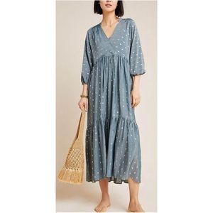 Anthropologie blue maxi dress gold dots